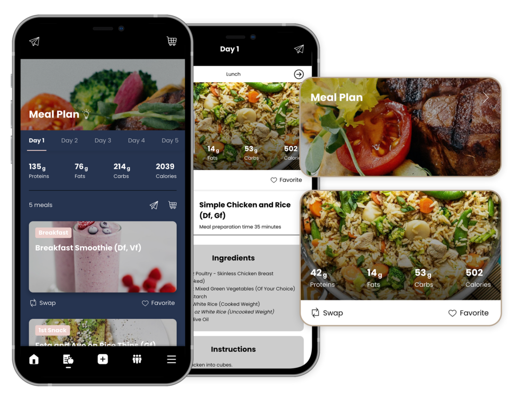 Mobile meal planning app showing personalized nutrition, macro tracking, and balanced meals designed to support fitness coaching and holistic wellness programs