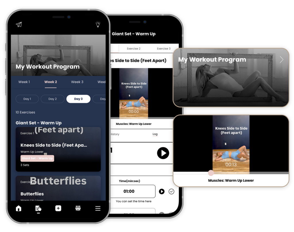 Mobile workout app interface showing guided exercises and video training designed for personalized fitness coaching and holistic wellness program support
